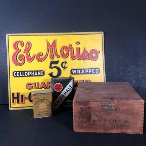 Photo of LOT 56L: Vintage Tobacco Collection: El Moriso Sign, Wooden Box, Burley and Brig