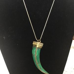 Photo of Large Brass Curved Tooth Shaped Pendant Inlaid With Malachite Slices, On A Neckl