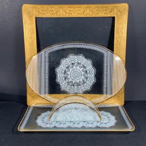 Photo of LOT 93 B: Vintage Chance Brothers Gold Gilded Lace Design Serving Dishes W/ Napk