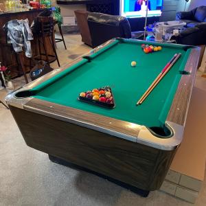 Photo of LOT 410L: Irving Kaye Co. Pool Table w/ Sticks, Balls, Wooden Cover, Chalk & Mor