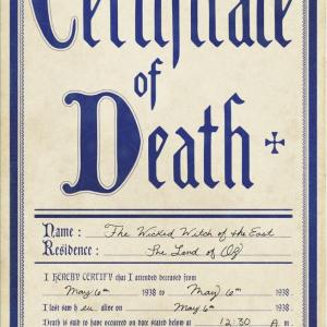 Photo of The Wizard Of Oz Wicked Witch Death Certificate prop print
