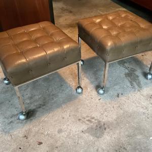 Photo of 850 Pair Mid Century Modern Gray Tufted Chrome Rolling Ottomans