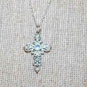 Photo of Single Round Clear Stone Cross PENDANT (1¼" x ½") with Bottom Loop on an Adjus