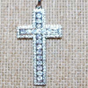 Photo of Straight Line Clear Stones Cross PENDANT (1½" x 1") on a Silver Tone Necklace C