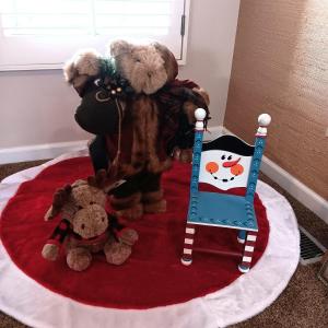 Photo of 24" FREE STANDING BEAR, PLUSH MOOSE AND A WOODEN CHILD/DOLL CHAIR