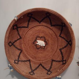 Photo of Hand Woven Round Bowl Basket with Carved Bone and Glass Accents- Approx 11 1/2" 