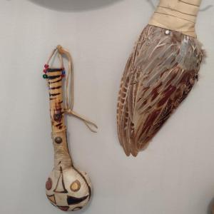 Photo of Native American Leather and Wooden Shamanic Rattle and Feather Smudge Fan