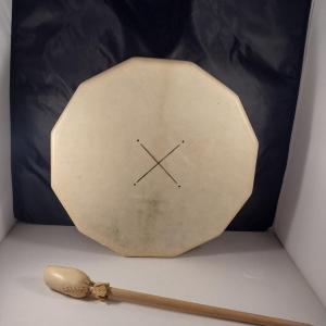 Photo of Leather and Wood Frame Shaman's Drum with Mallet- Approx 14 1/2" in Diameter