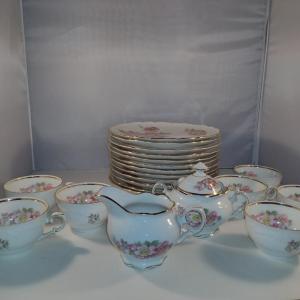 Photo of E&R 'Wild Rose' Pattern Luncheon Set- 12 Plates, 7 Cups, Creamer and Covered Sug