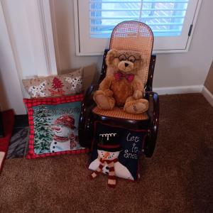 Photo of CHILD'S CANED ROCKING CHAIR, PLUSH BEAR & 3 THROW PILLOWS