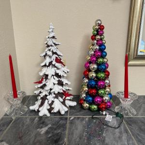 Photo of TABLE TOP CANDLE HOLDERS WITH CANDLES, LIGHTED MULTICOLORED BALL ORNAMENT TREE A