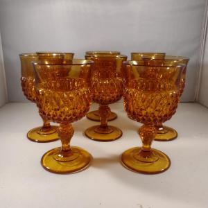 Photo of Vintage Indiana Glass Amber Diamond Point Wine/Water Goblets- Eight Pieces