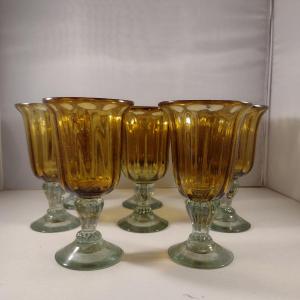 Photo of Collection of Eight Amber and Blue Blown Glass Goblets