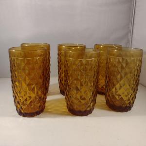 Photo of Set of Six Diamond Pattern Amber Drinking Glasses