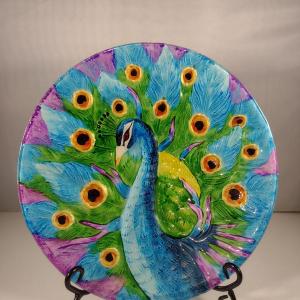 Photo of Decorative Peacock Design Glass Plate- Approx 11 3/4" in Diameter