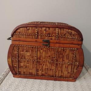 Photo of Wooden Storage Box with Woven Design and Side Handles