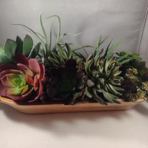 Photo of Well Made, Oblong Wooden Bowl with Artificial Flowers
