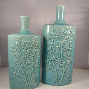 Photo of Pair of Ceramic Floral Theme, Bottle Shaped Vases
