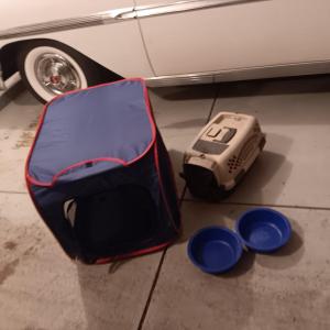 Photo of SMALL PET CARRIER, FOOD/WATER DISHES & SOFT SIDED SPORT PET ENCLOSURE