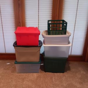 Photo of 6 STORAGE TOTES AND A MILK CRATE