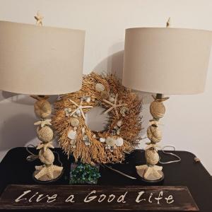 Photo of SEASHELL LAMPS AND WREATH PLUS SIGN & 2 THROW RUGS