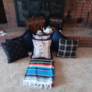 Photo of 2 STORAGE CHESTS, THROW PILLOWS, BLANKET AND TEAPOT
