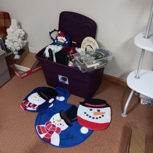 Photo of TOILET SEAT COVERS AND A TOTE FULL OF OTHER CHRISTMAS DECORATIONS