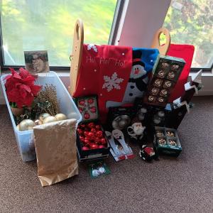Photo of CHRISTMAS DECORATIONS, 2 TOTES AND AN AFGHAN HOLDER