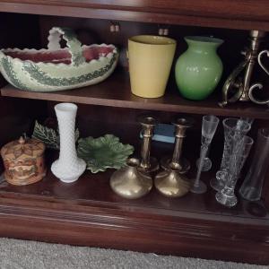 Photo of Collection of Home Decor- Vases, Brass Candle Holders, etc