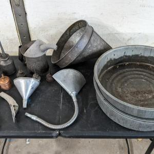 Photo of Galvanized Oil Cans, Pans, and Funnels