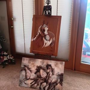 Photo of HORSE PAINTED ON A CABINET DOOR, HORSES ON CANVAS, HORSE FIGURE AND LARGE METAL 