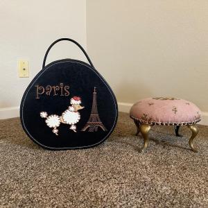 Photo of VINTAGE PARIS HAT BOX AND VINTAGE FLORAL NEEDLEPOINT FOOT STOOL