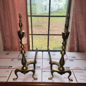 Photo of Vintage Pair of Mid-Century Fireplace Brass Andirons 22" Tall as Pictured.