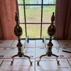 Photo of Vintage Pair of Mid-Century Fireplace Brass Andirons as Pictured.