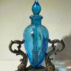 Photo of Vintage Hand Blown Crackled Blue Glass Perfume Bottle w/Stopper & Stand as Pictu