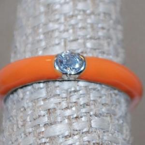 Photo of Size 7 Bright Orange Enamel Style Ring with Single Round Stone (2.3g)
