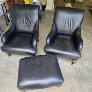 Photo of Pair of Leather Arnchairs & Matching Ottoman (G-JS)