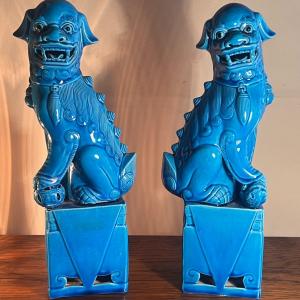 Photo of Pair Vintage Chinese 12" Tall Turquoise Blue Porcelain Foo Dogs