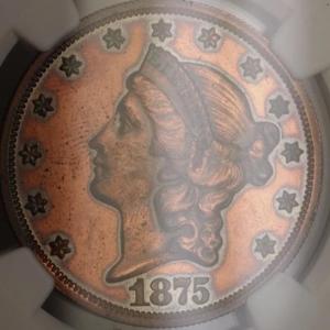 Photo of 1875 $20 Liberty Double Eagle Proof Pattern Coin J-1448 NGC PF-61 WW Not Gold