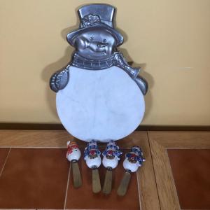 Photo of LOT 98B: Lenox Marble Yuletide Snowman Cheeseboard, Harry and David Cheese Sprea