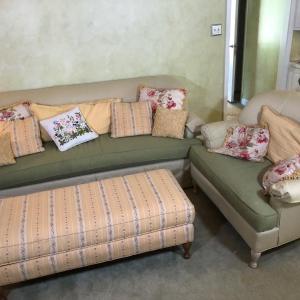 Photo of LOT 82L: Highland House Matching Sofa & Oversized Chair w/ Yellow Floral Ottoman