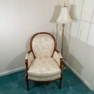 Photo of LOT 57F: Louis XVI Style Lounge Chair w/ Brass Floor Lamp