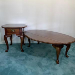 Photo of LOT 64F: Broyhill Round End Table & Oval Drop Leaf Table