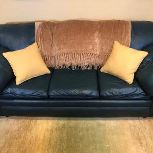 Photo of LOT 113B: Green Faux Leather Sleeper Sofa / Pull-Out Couch w/ Decorative Pillows