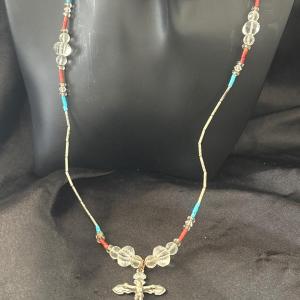 Photo of Silver tone blue and red with clear beaded necklace