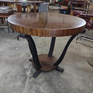 Photo of Round, Art Deco Gueridon Side Table- Walnut and Black Lacquer Finish