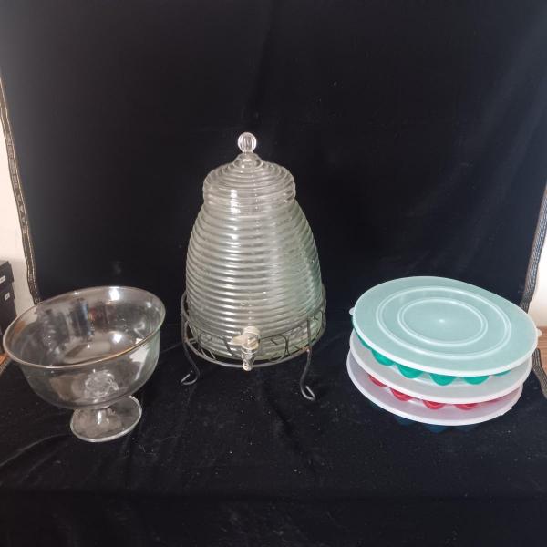 Photo of GLASS BEVERAGE CONTAINER, LARGE GLASS BOWL W/GOLD RIM AND 3 PLASTIC DEVILED EGG 