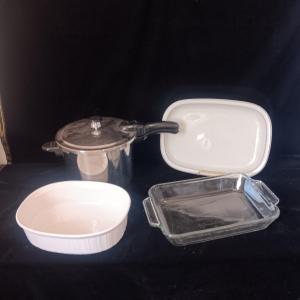 Photo of ANCHOR HOCKING & CORNING WARE BAKING DISHES, PRESTO PRESSURE COOKER AND PLATTER
