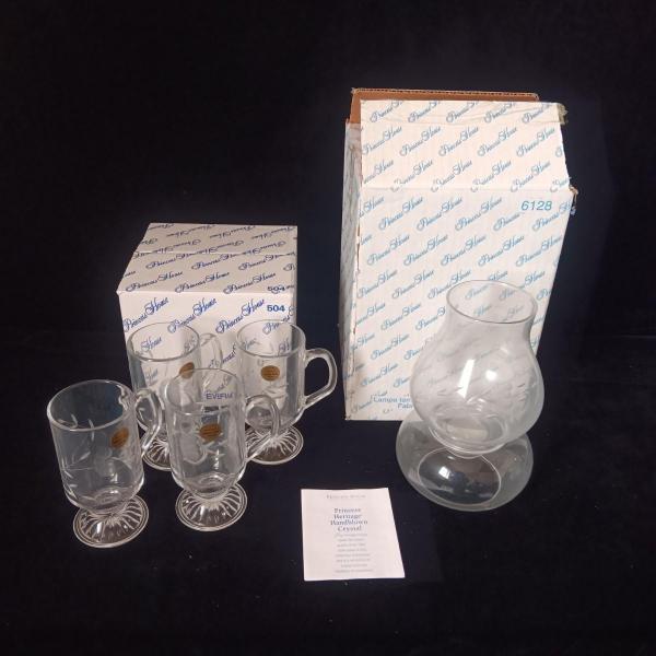Photo of PRINCESS HOUSE 4 ETCHED CRYSTAL MUGS AND CRYSTAL TEALIGHT HOLDER