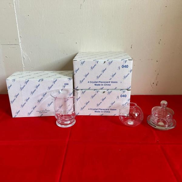 Photo of PRINCESS HOUSE 8 CRYSTAL PLACECARD VASES & 2 VOTIVE HOLDERS
